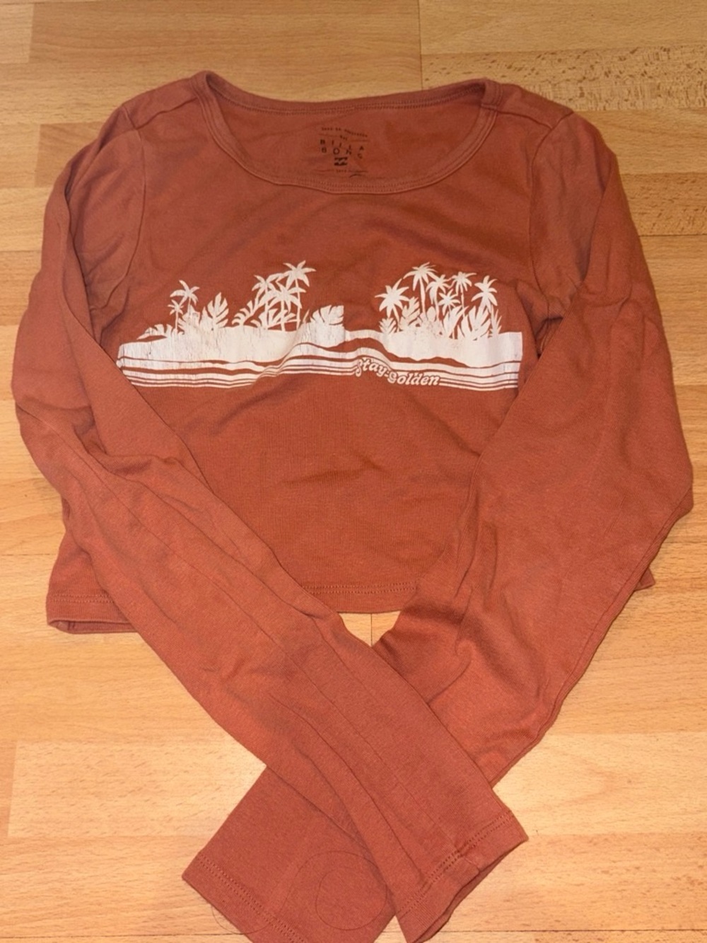 Billabong Rust Orange Long Sleeve Crop Top with White Island Graphic